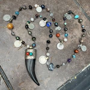 Tibetan Horn Pendant Mixed Gemstones Vintage Kuchi Coins Charms Gypsy Boho